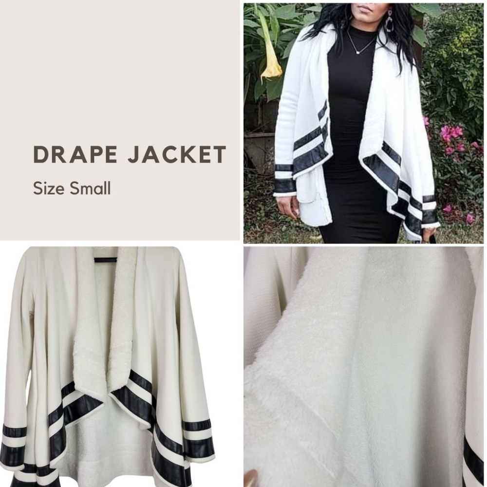 Open Front Drape Jacket Faux Leather Trim